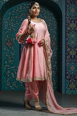 Salmon Pink Silk Brocade Flared Kurta Set For Girls by Mei & Zu
