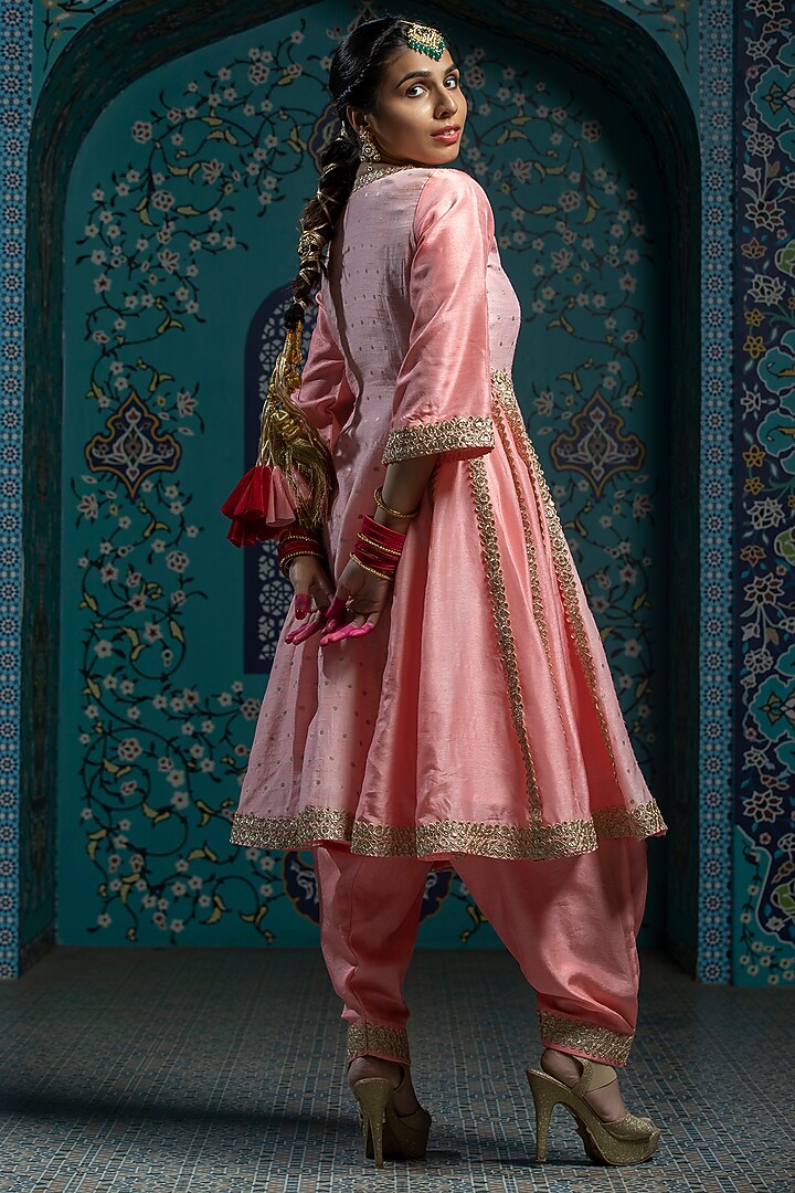 Salmon Pink Silk Brocade Flared Kurta Set For Girls by Mei & Zu at Pernia's Pop Up Shop