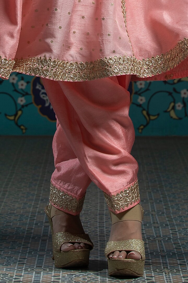 Salmon Pink Silk Brocade Flared Kurta Set For Girls by Mei & Zu at Pernia's Pop Up Shop