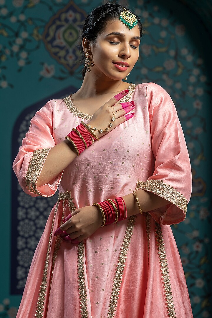 Salmon Pink Silk Brocade Flared Kurta Set For Girls by Mei & Zu at Pernia's Pop Up Shop