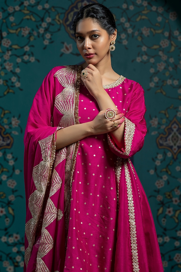 Fuchsia Pink Silk Brocade Tikki Flared Kurta Set For Girls by Mei & Zu at Pernia's Pop Up Shop