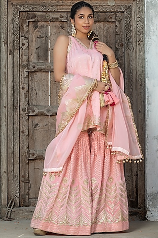 Salmon Pink Silk Brocade Sharara Set For Girls by Mei & Zu