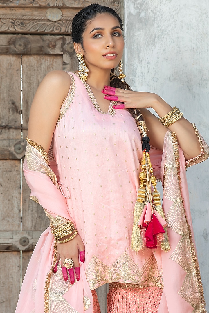 Salmon Pink Silk Brocade Sharara Set For Girls by Mei & Zu at Pernia's Pop Up Shop