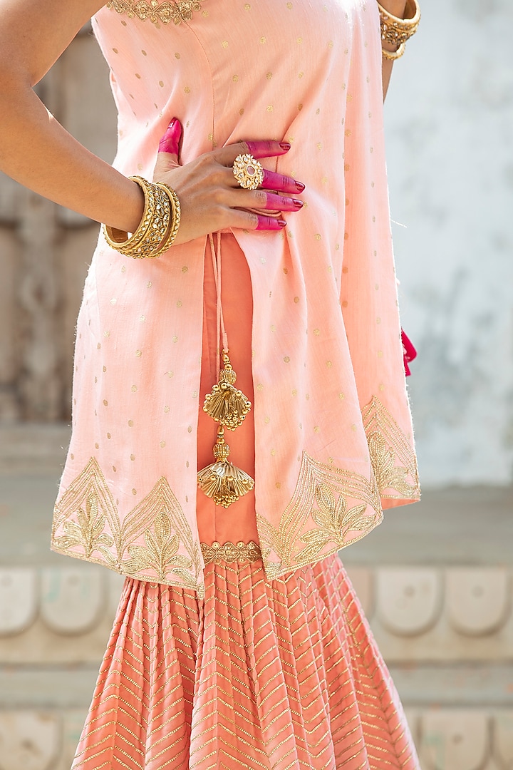 Salmon Pink Silk Brocade Sharara Set For Girls by Mei & Zu at Pernia's Pop Up Shop