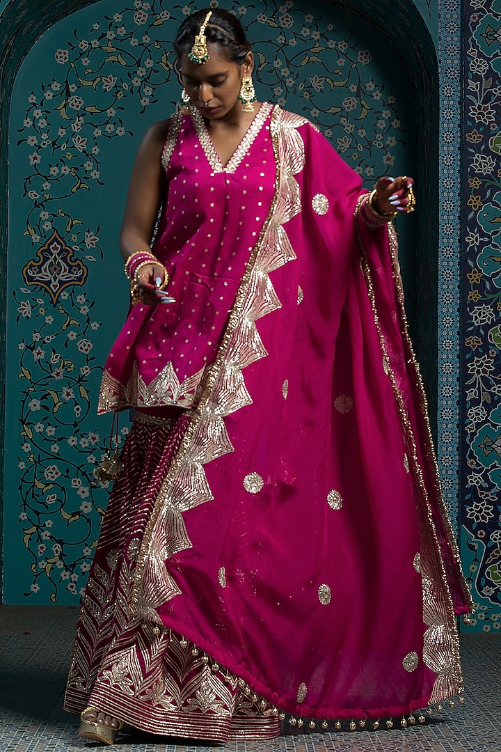 Fuchsia Pink Silk Brocade Gota Embroidered Sharara Set For Girls by Mei & Zu at Pernia's Pop Up Shop