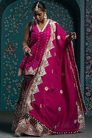 Fuchsia Pink Silk Brocade Gota Embroidered Sharara Set For Girls by Mei & Zu