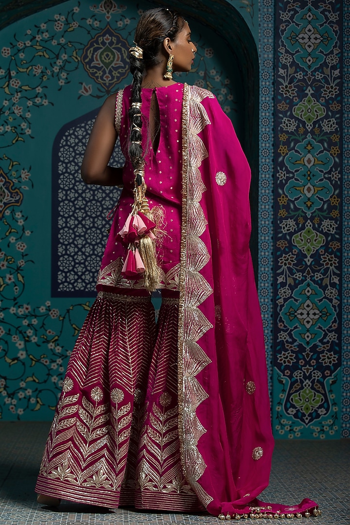 Fuchsia Pink Silk Brocade Gota Embroidered Sharara Set For Girls by Mei & Zu at Pernia's Pop Up Shop