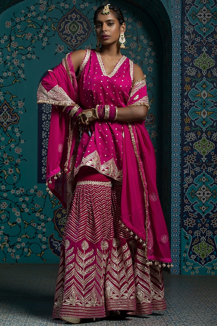 Fuchsia Pink Silk Brocade Gota Embroidered Sharara Set For Girls by Mei & Zu at Pernia's Pop Up Shop