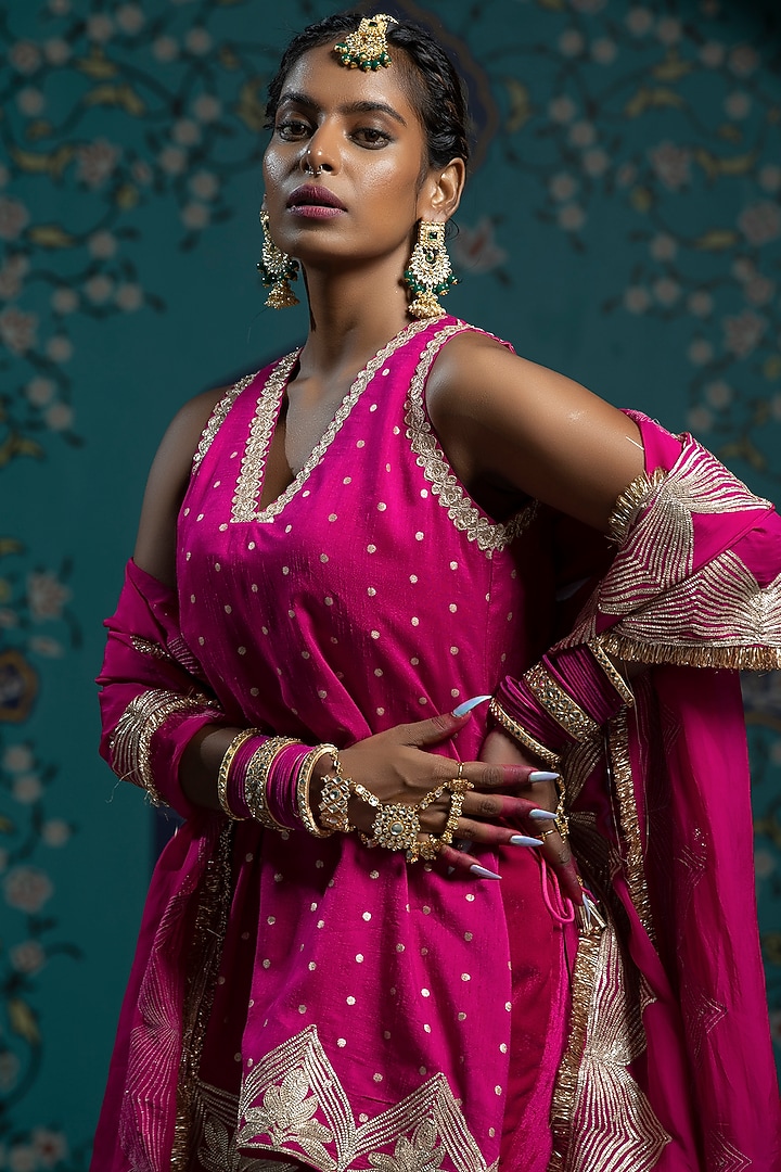 Fuchsia Pink Silk Brocade Gota Embroidered Sharara Set For Girls by Mei & Zu at Pernia's Pop Up Shop