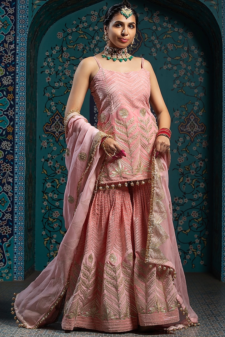 Salmon Pink Velvet Gota Embroidered Pleated Sharara Set For Girls by Mei & Zu at Pernia's Pop Up Shop