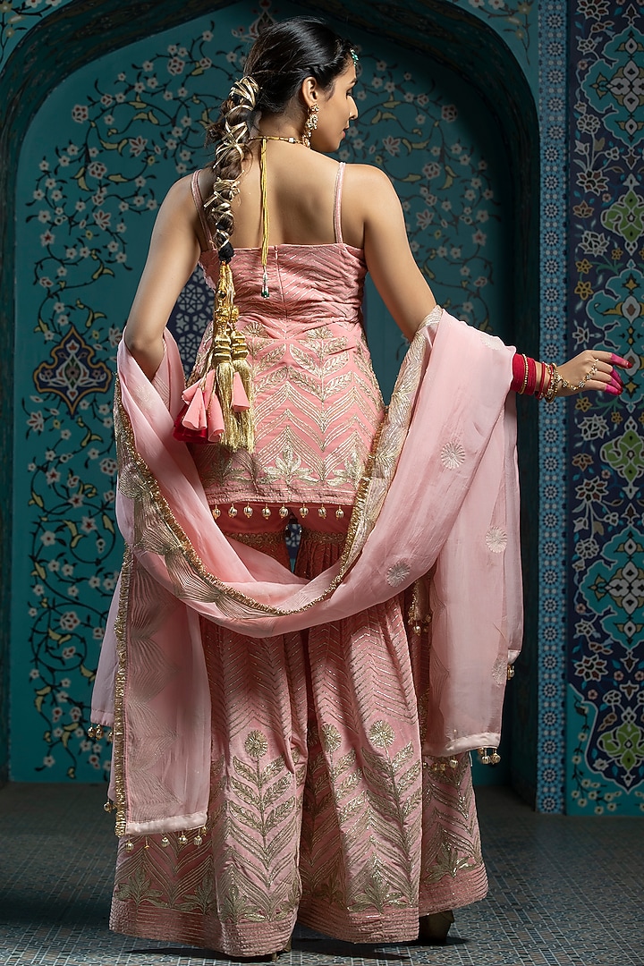 Salmon Pink Velvet Gota Embroidered Pleated Sharara Set For Girls by Mei & Zu at Pernia's Pop Up Shop