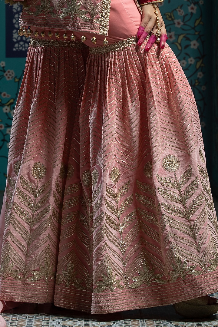 Salmon Pink Velvet Gota Embroidered Pleated Sharara Set For Girls by Mei & Zu at Pernia's Pop Up Shop