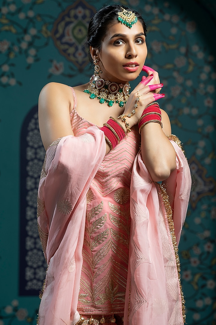 Salmon Pink Velvet Gota Embroidered Pleated Sharara Set For Girls by Mei & Zu at Pernia's Pop Up Shop
