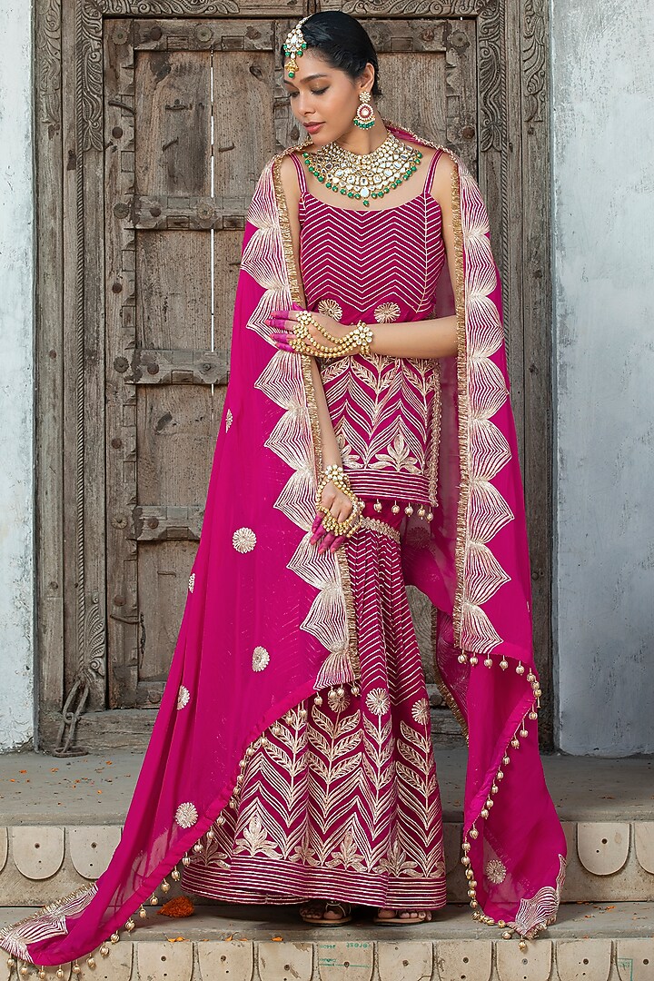 Fuchsia Pink Velvet Gota Embroidered Pleated Sharara Set For Girls by Mei & Zu at Pernia's Pop Up Shop