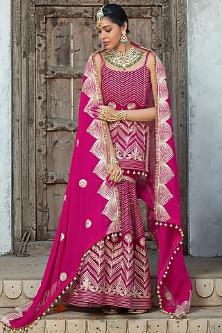 Fuchsia Pink Velvet Gota Embroidered Pleated Sharara Set For Girls by Mei & Zu