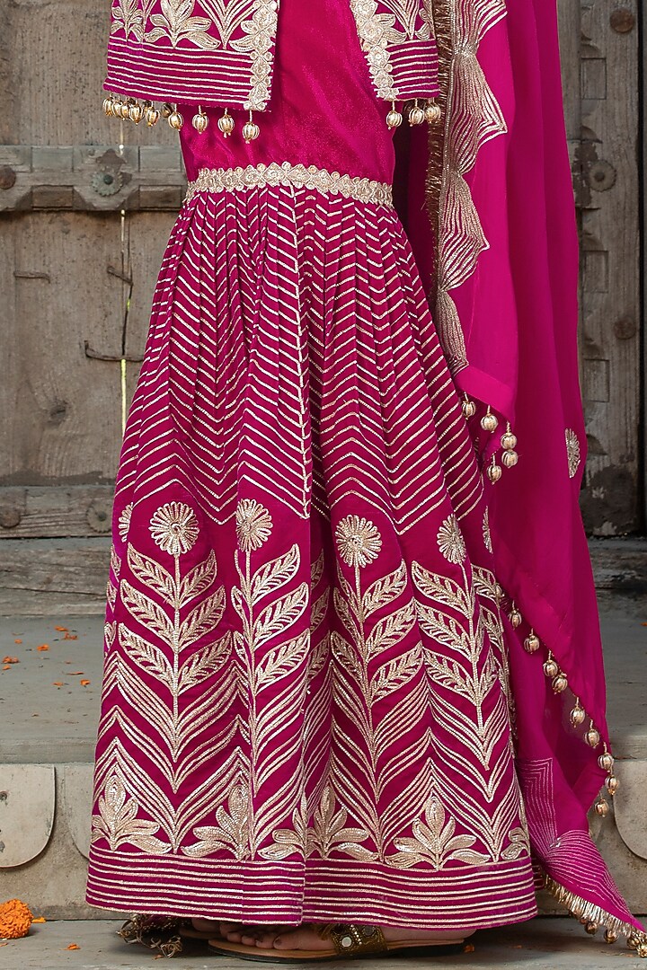 Fuchsia Pink Velvet Gota Embroidered Pleated Sharara Set For Girls by Mei & Zu at Pernia's Pop Up Shop