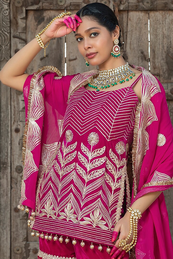 Fuchsia Pink Velvet Gota Embroidered Pleated Sharara Set For Girls by Mei & Zu at Pernia's Pop Up Shop