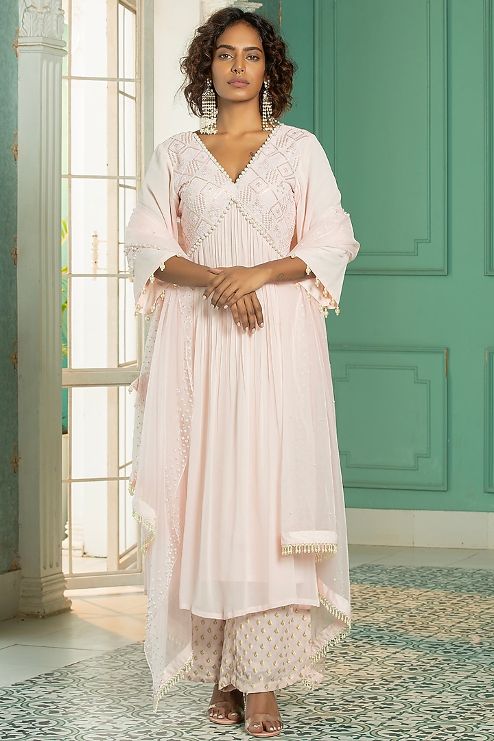 Pink Georgette Chikankari Sequins Embroidered Kurta Set For Girls by Mei & Zu at Pernia's Pop Up Shop