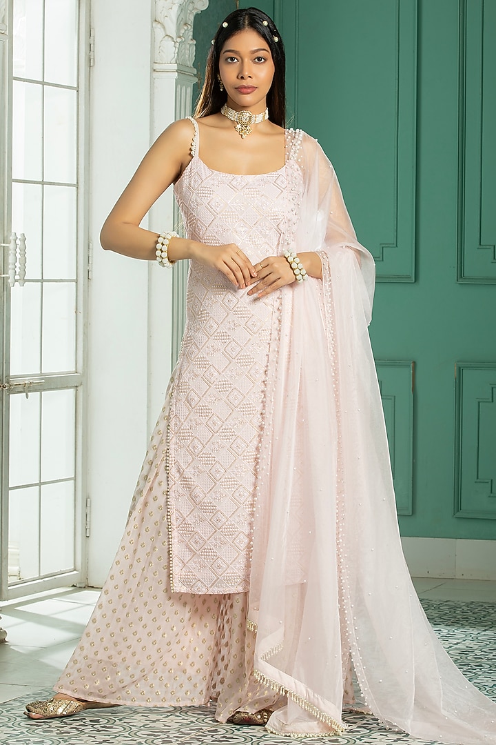 Pink Georgette Sequins Embroidered Kurta Set For Girls by Mei & Zu at Pernia's Pop Up Shop