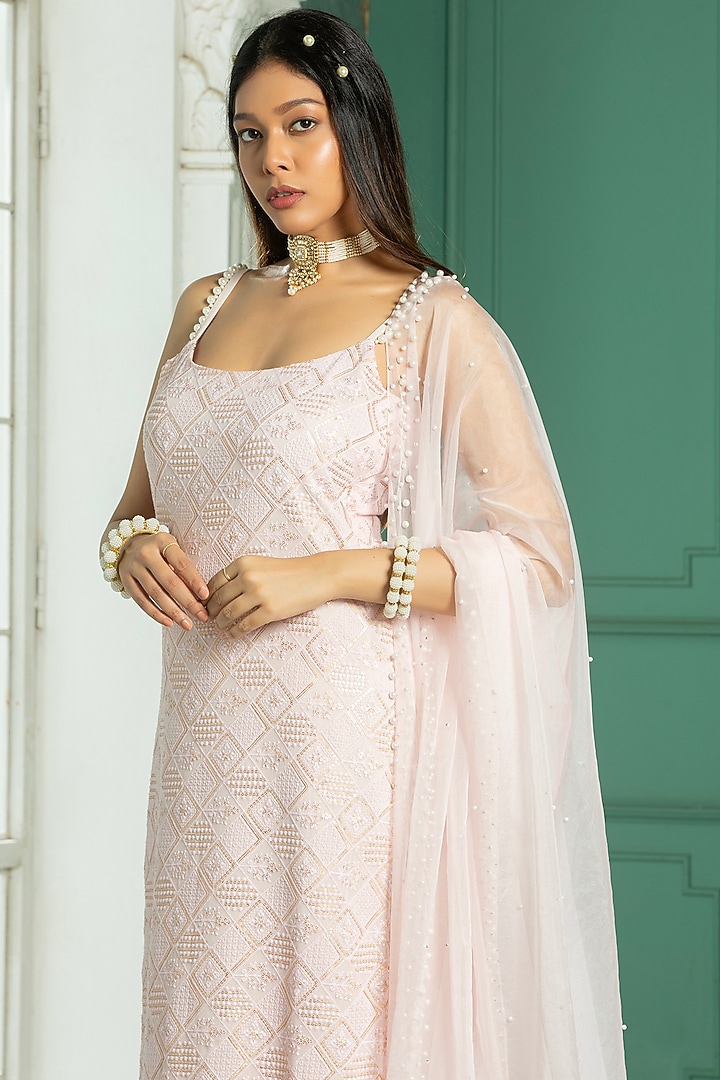 Pink Georgette Sequins Embroidered Kurta Set For Girls by Mei & Zu at Pernia's Pop Up Shop