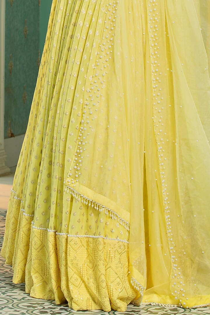 Yellow Georgette Embroidered Pleated Lehenga Set For Girls by Mei & Zu at Pernia's Pop Up Shop