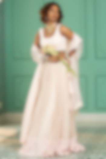 Pink Georgette Embroidered Pleated Lehenga Set For Girls by Mei & Zu at Pernia's Pop Up Shop