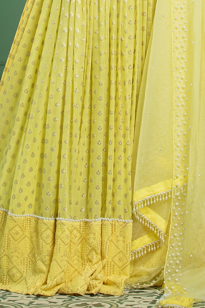 Yellow Georgette Embroidered Pleated Lehenga Set For Girls by Mei & Zu at Pernia's Pop Up Shop