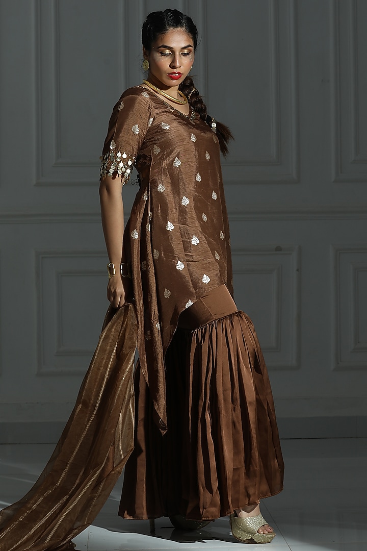 Chocolate Brown Satin Silk Flared Sharara Set For Girls by Mei & Zu at Pernia's Pop Up Shop