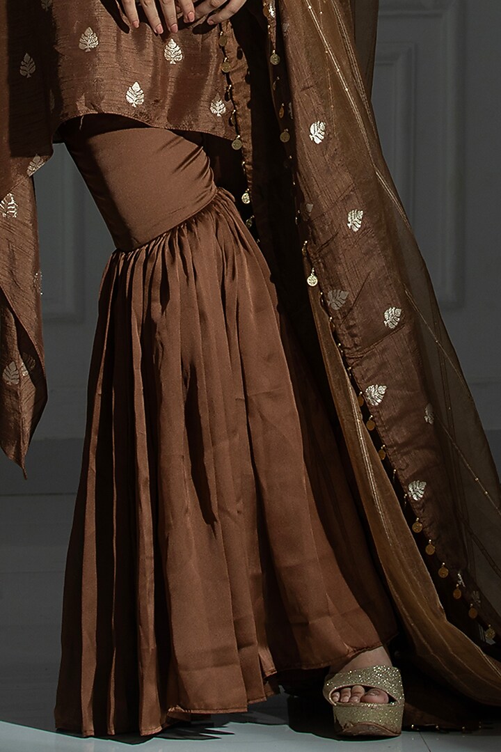 Chocolate Brown Satin Silk Flared Sharara Set For Girls by Mei & Zu at Pernia's Pop Up Shop