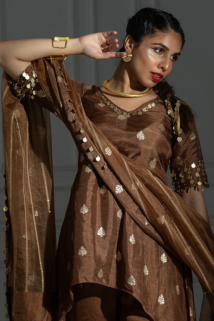 Chocolate Brown Satin Silk Flared Sharara Set For Girls by Mei & Zu at Pernia's Pop Up Shop