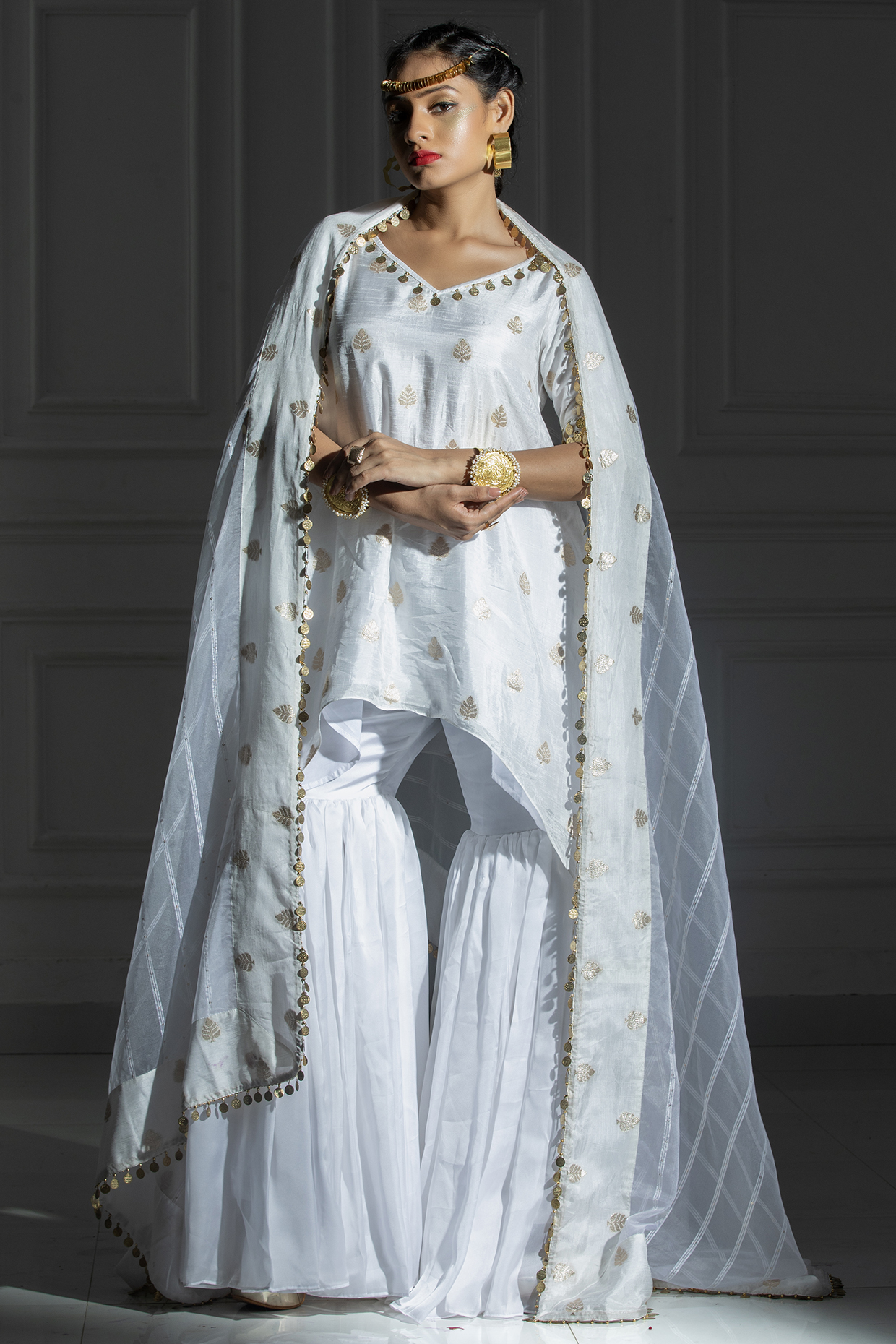 Ivory White Satin Silk Sharara Set For Girls by Mei & Zu at Pernia's Pop Up Shop