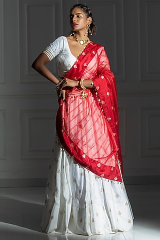 Ivory White Brocade Embroidered Lehenga Set For Girls by Mei & Zu