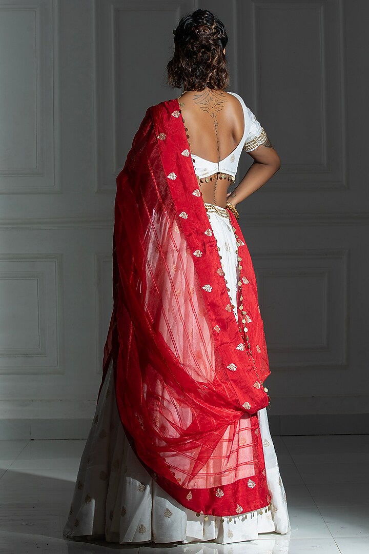 Ivory White Brocade Embroidered Lehenga Set For Girls by Mei & Zu at Pernia's Pop Up Shop