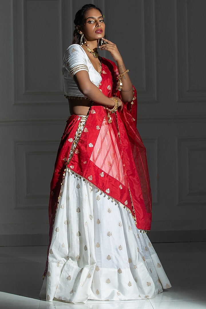 Ivory White Brocade Embroidered Lehenga Set For Girls by Mei & Zu at Pernia's Pop Up Shop
