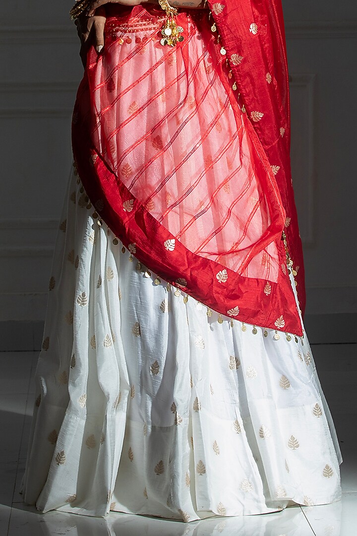 Ivory White Brocade Embroidered Lehenga Set For Girls by Mei & Zu at Pernia's Pop Up Shop