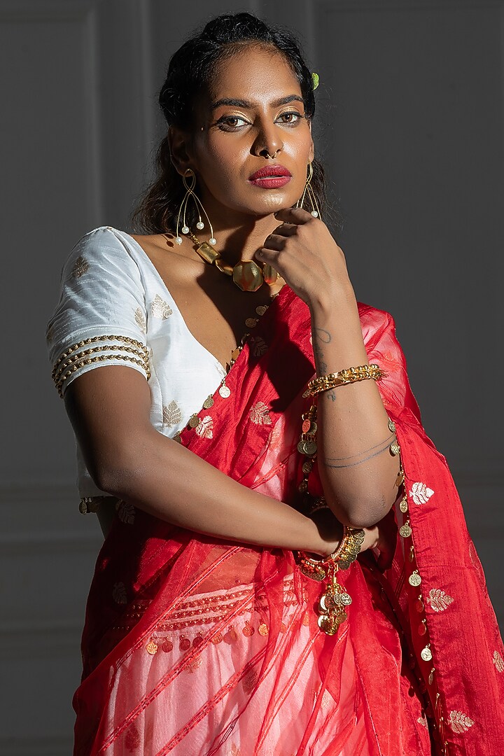 Ivory White Brocade Embroidered Lehenga Set For Girls by Mei & Zu at Pernia's Pop Up Shop