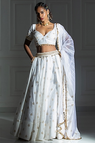 Ivory White Brocade Embroidered Lehenga Set For Girls by Mei & Zu