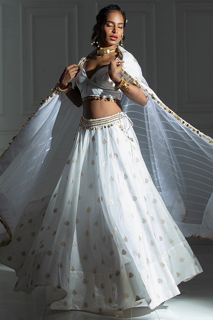Ivory White Brocade Embroidered Lehenga Set For Girls by Mei & Zu at Pernia's Pop Up Shop