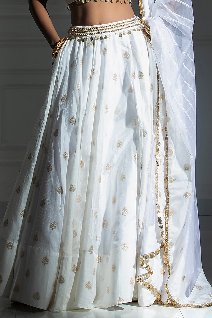 Ivory White Brocade Embroidered Lehenga Set For Girls by Mei & Zu at Pernia's Pop Up Shop