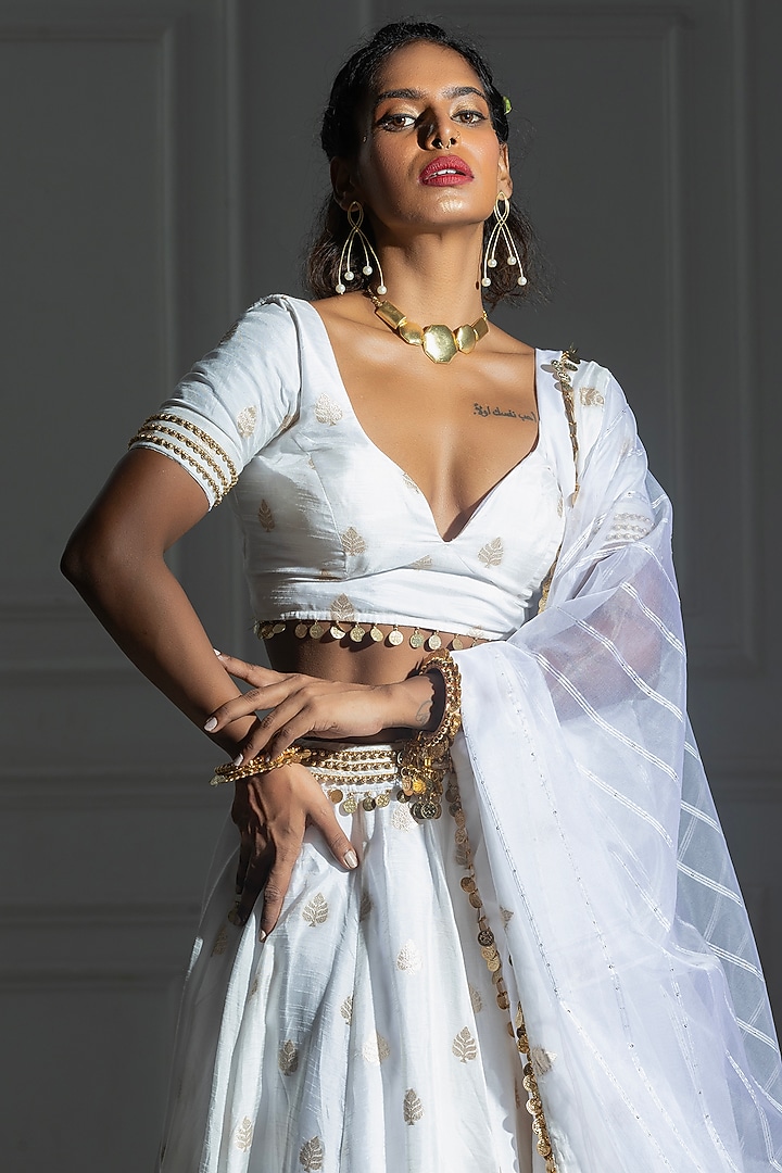 Ivory White Brocade Embroidered Lehenga Set For Girls by Mei & Zu at Pernia's Pop Up Shop
