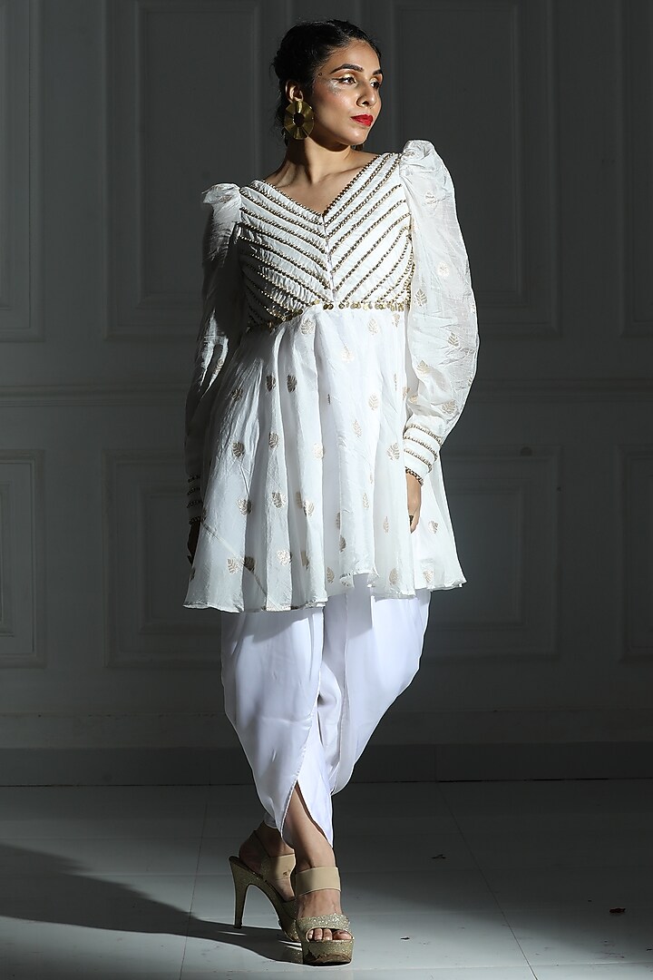 Ivory White Satin Silk Tulip Dhoti Set For Girls by Mei & Zu at Pernia's Pop Up Shop