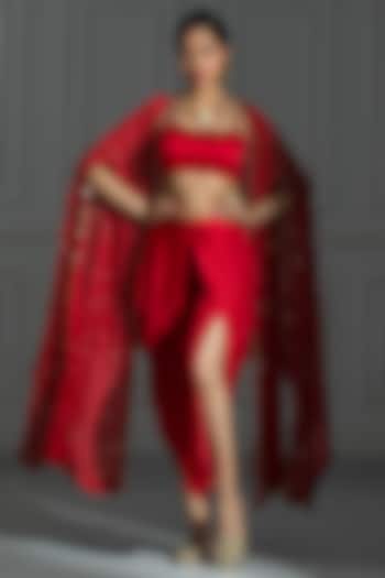 Rose Red Organza Sequins Embroidered Cape Set For Girls by Mei & Zu at Pernia's Pop Up Shop