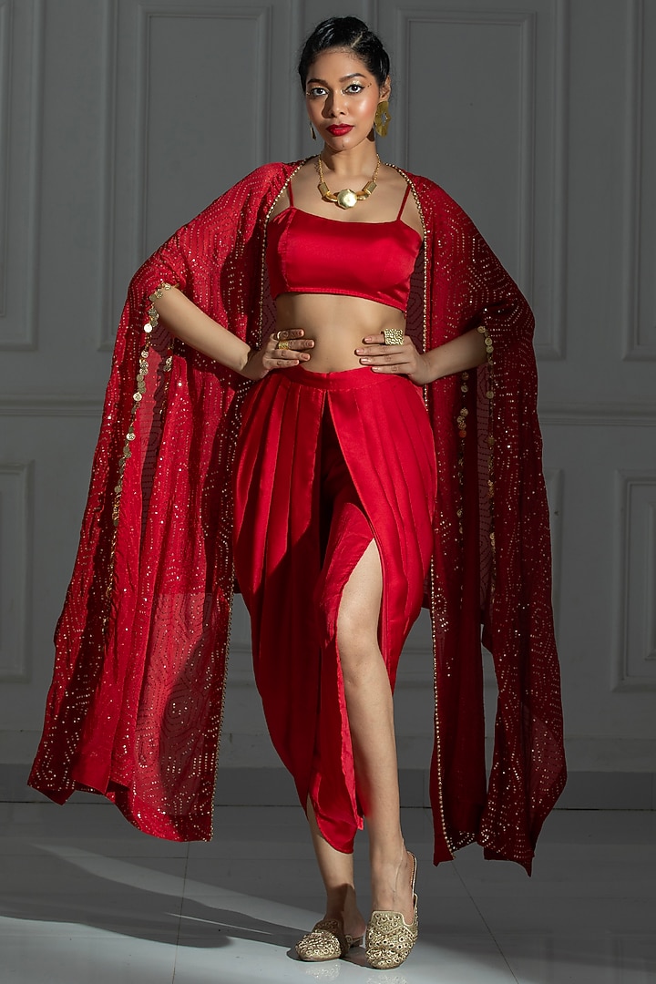 Rose Red Organza Sequins Embroidered Cape Set For Girls by Mei & Zu at Pernia's Pop Up Shop