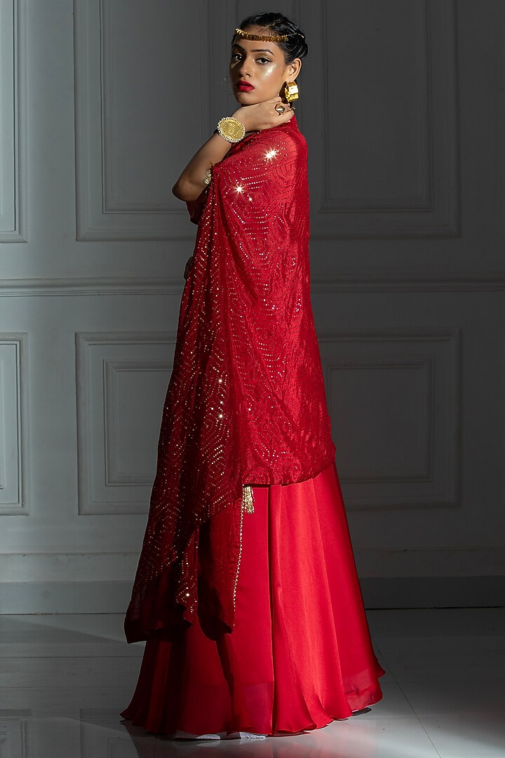 Rose Red Organza Sequins Jacket Lehenga Set For Girls by Mei & Zu at Pernia's Pop Up Shop