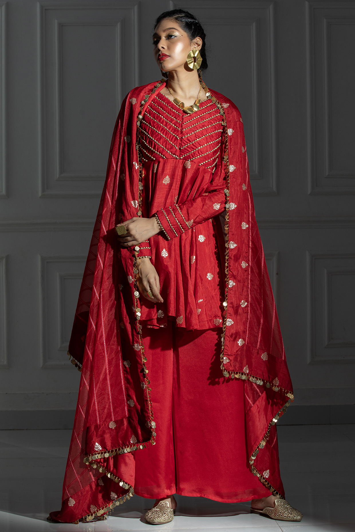 Rose Red Silk Embroidered Palazzo Pant Set For Girls by Mei & Zu at Pernia's Pop Up Shop