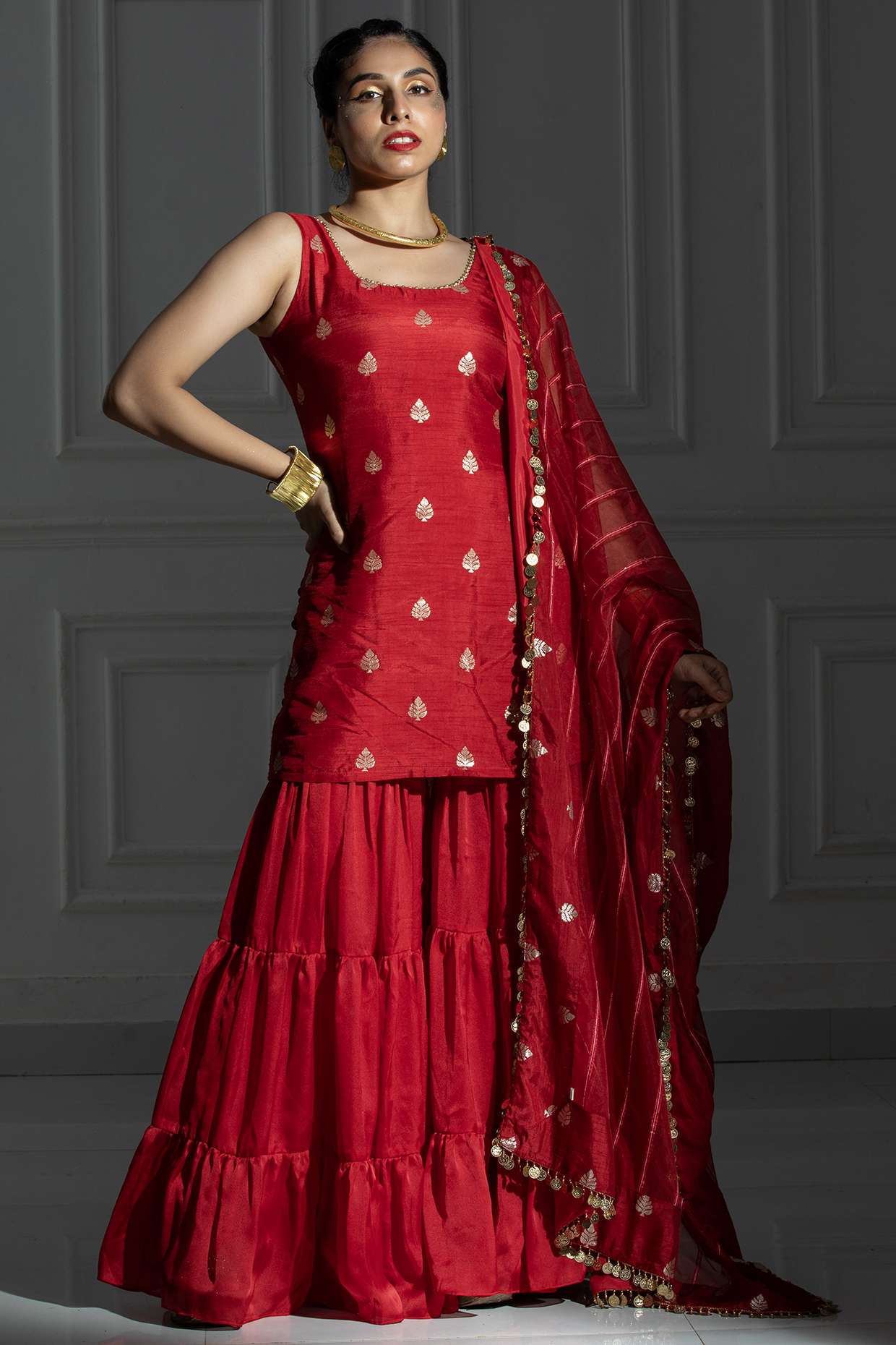 Rose Red Satin Silk Flared Sharara Set For Girls by Mei & Zu at Pernia's Pop Up Shop