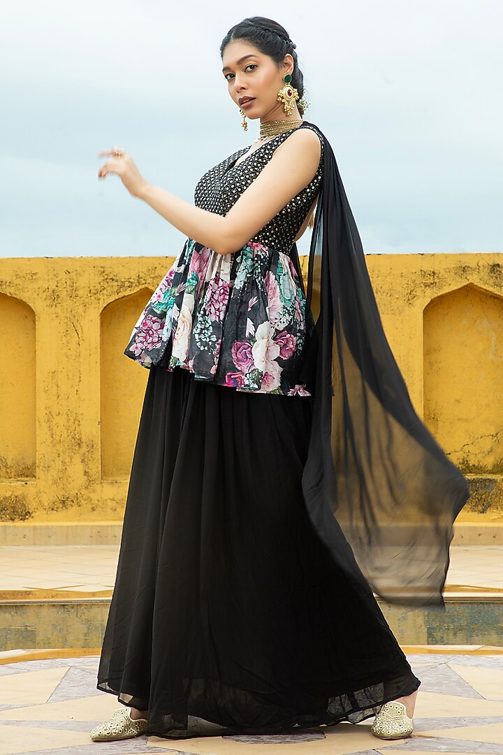 Black Georgette Sharara Set For Girls by Mei & Zu at Pernia's Pop Up Shop