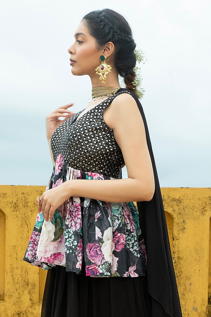 Black Georgette Sharara Set For Girls by Mei & Zu at Pernia's Pop Up Shop