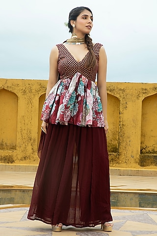 Maroon Georgette Sharara Set For Girls by Mei & Zu