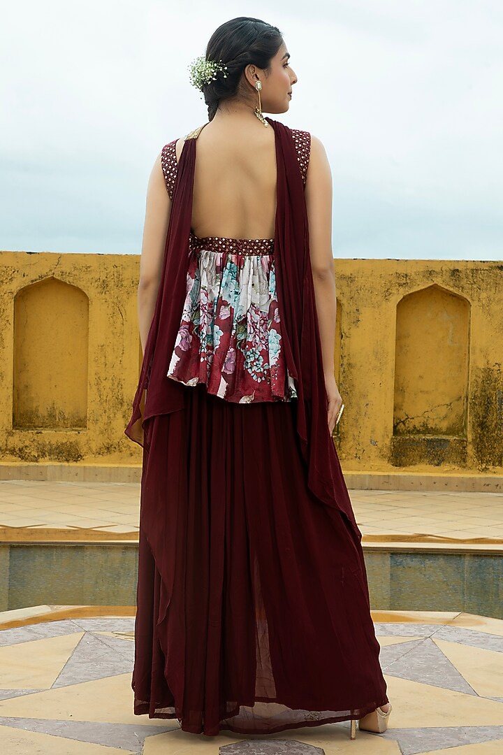 Maroon Georgette Sharara Set For Girls by Mei & Zu at Pernia's Pop Up Shop